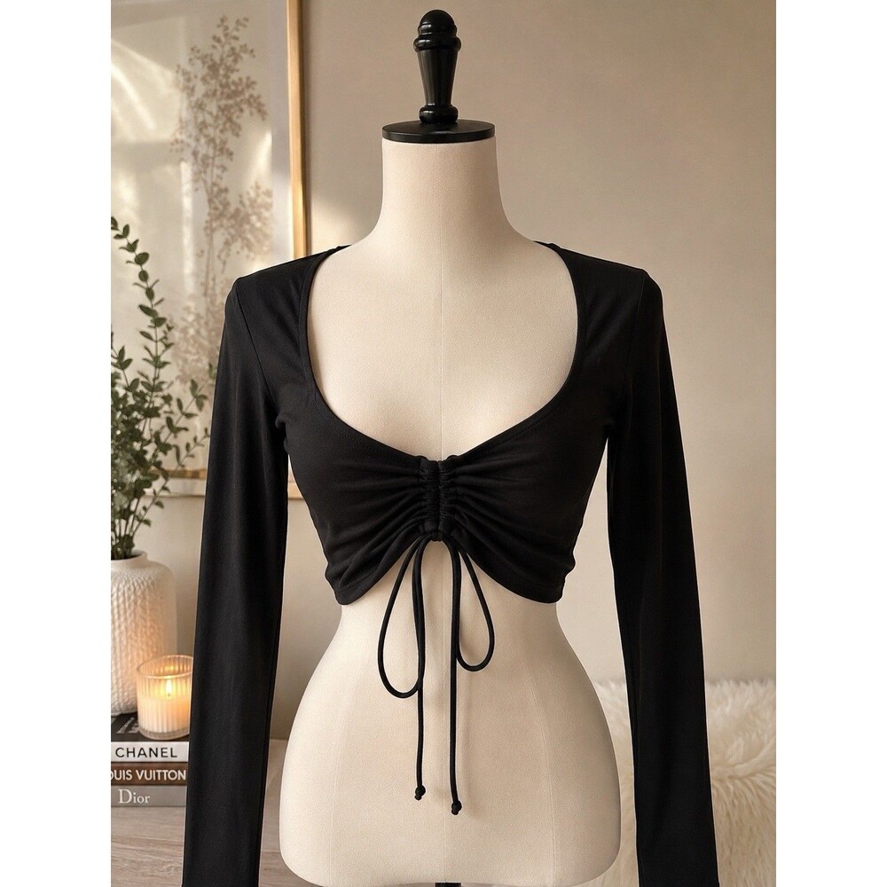 White Fox Black Knit Ruched Drawstring Cropped Scoop Neck Top Women's S